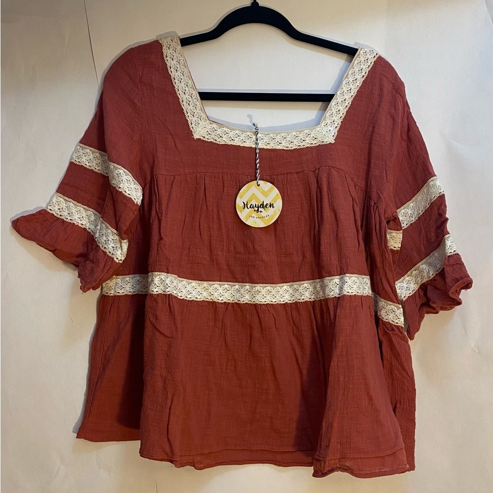 Hayden Los Angeles Rust Cotton Gauze Lace Trim Babydoll Top H3895 Womens‎ Medium